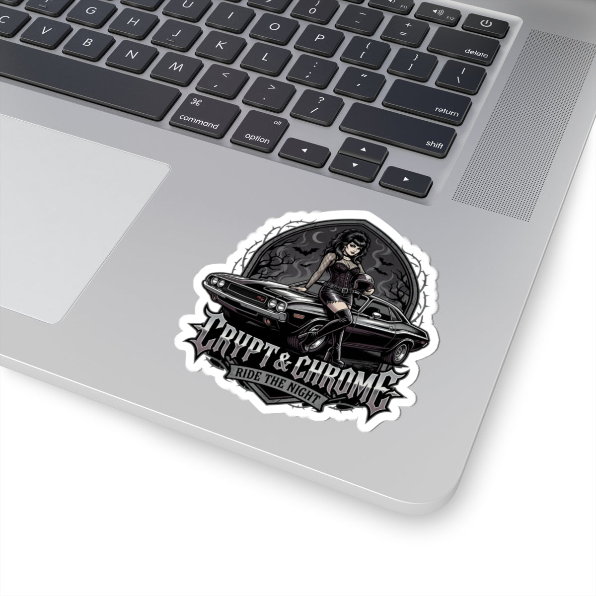 Crypt & Chrome 'Ride the Night' Kiss-Cut Sticker — Gothic Pinup Muscle Car Decal