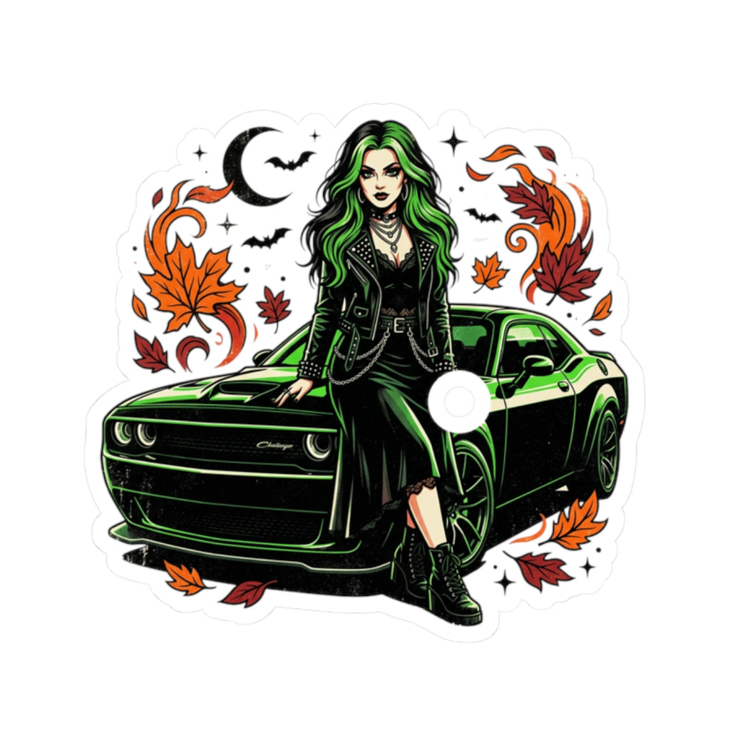 Green-Haired Goth Girl with Muscle Car Sticker — Fall Leaves Kiss-Cut Sticker