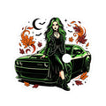 Green-Haired Goth Girl with Muscle Car Sticker — Fall Leaves Kiss-Cut Sticker