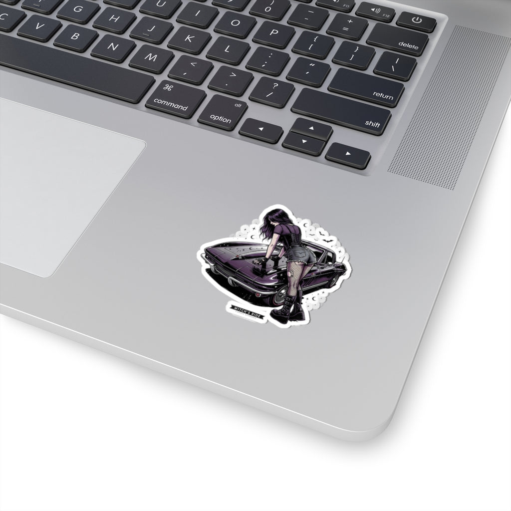 Witch's Ride Kiss-Cut Sticker — Gothic Girl on Vintage Muscle Car