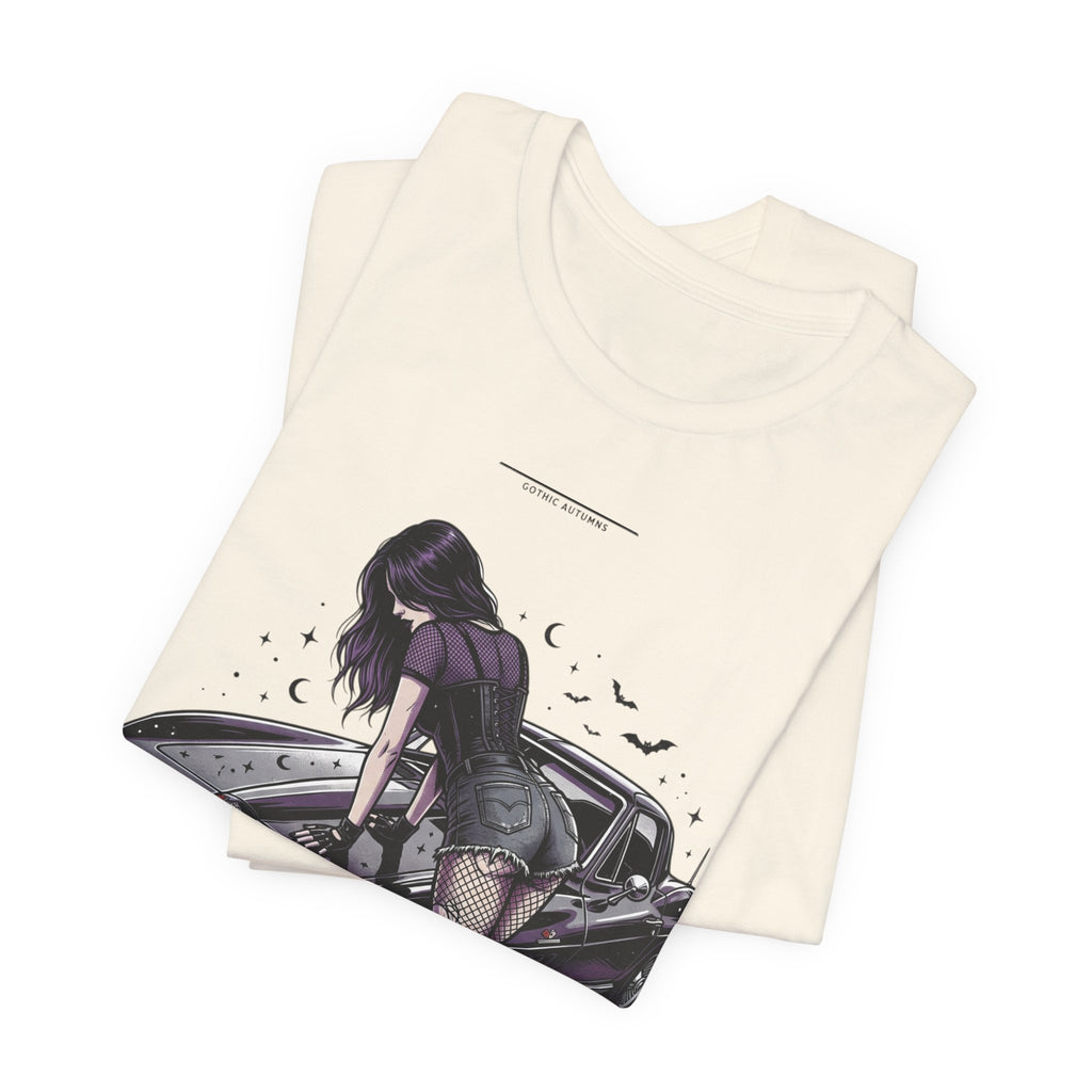 Retro Muscle Car Tee — Gothic Girl Leaning on Purple Classic Car Graphic T-Shirt