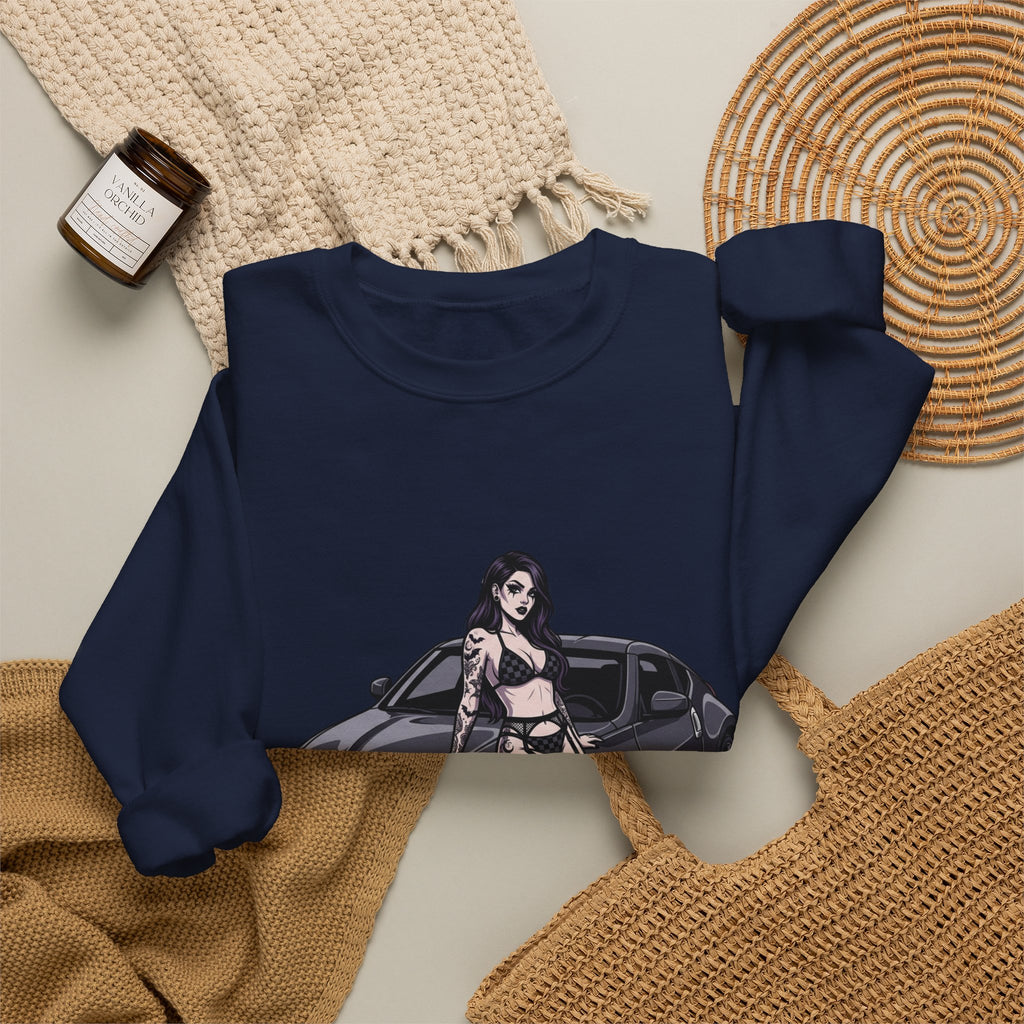 Crewneck Sweatshirt — Pinup Girl on Sports Car Graphic
