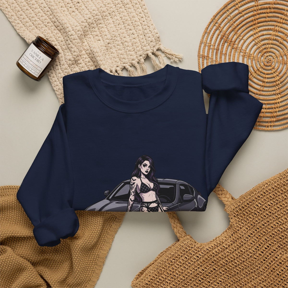 Crewneck Sweatshirt — Pinup Girl on Sports Car Graphic