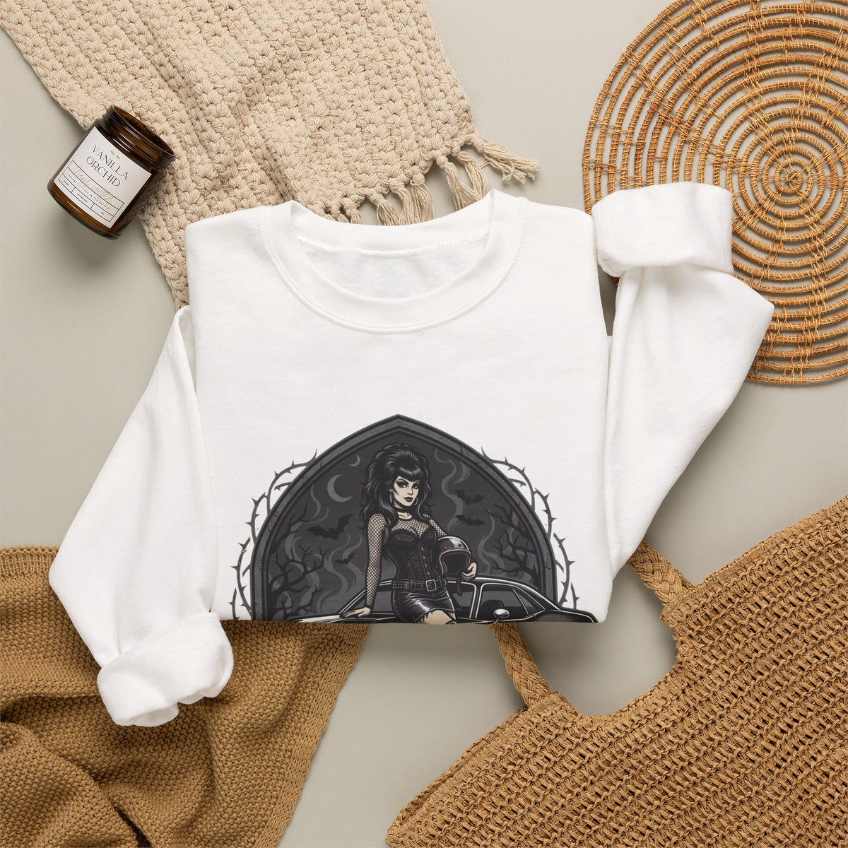 Crewneck Sweatshirt — 'Rupt & Chrome: Ride the Night' Gothic Pinup Car Design