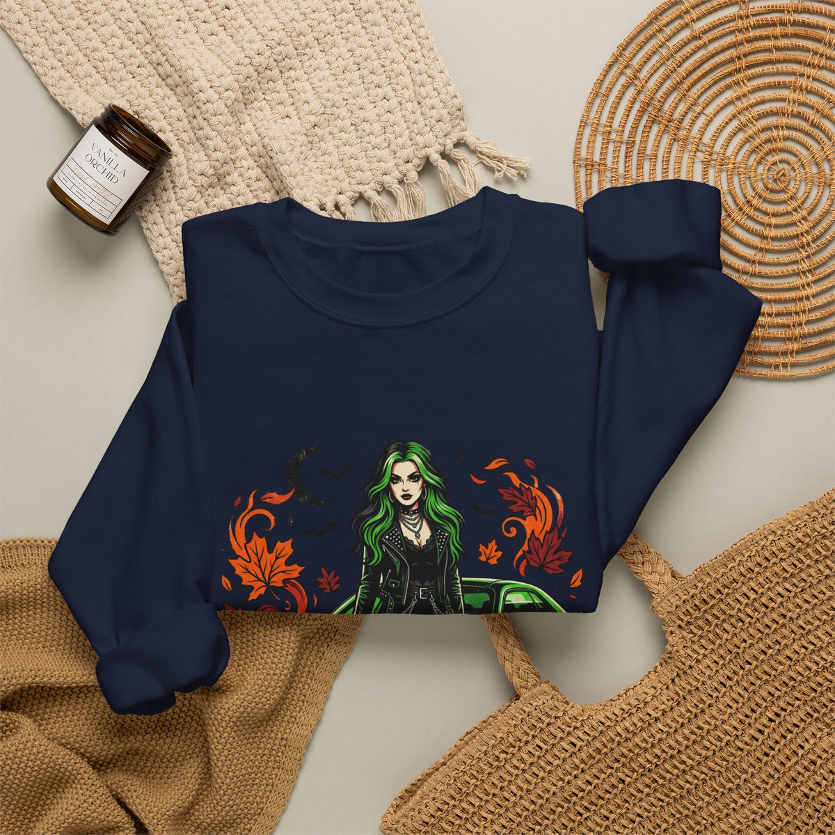 Witch Girl & Muscle Car Sweatshirt – Halloween Goth Crewneck