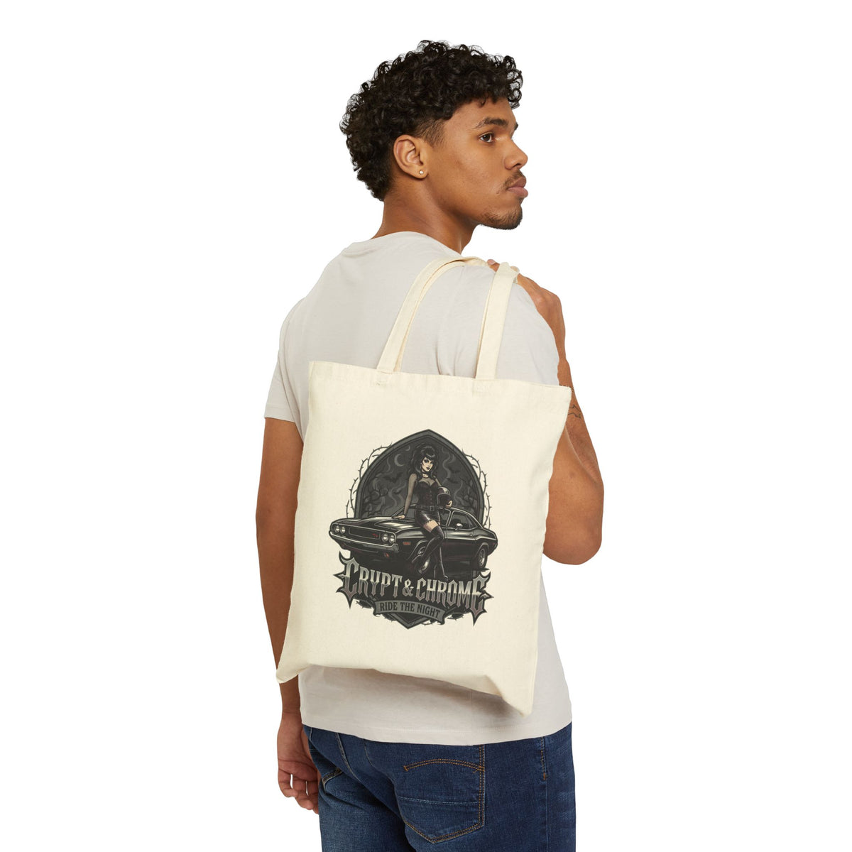 Vintage Pinup Hotrod Tote Bag – 'Built & Chrome' Canvas Shopper