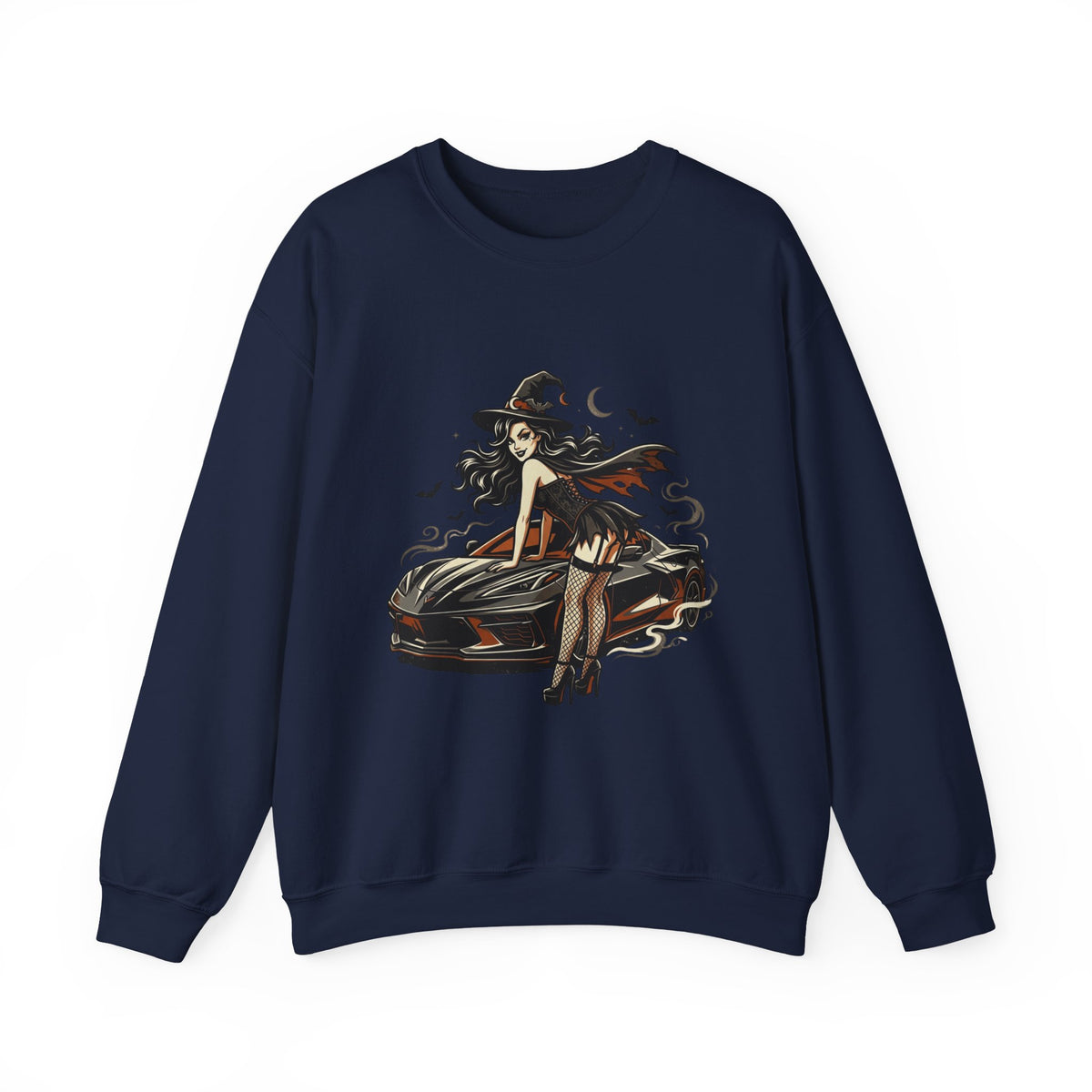 Witch Girl on Car Sweatshirt — Gothic Halloween Crewneck