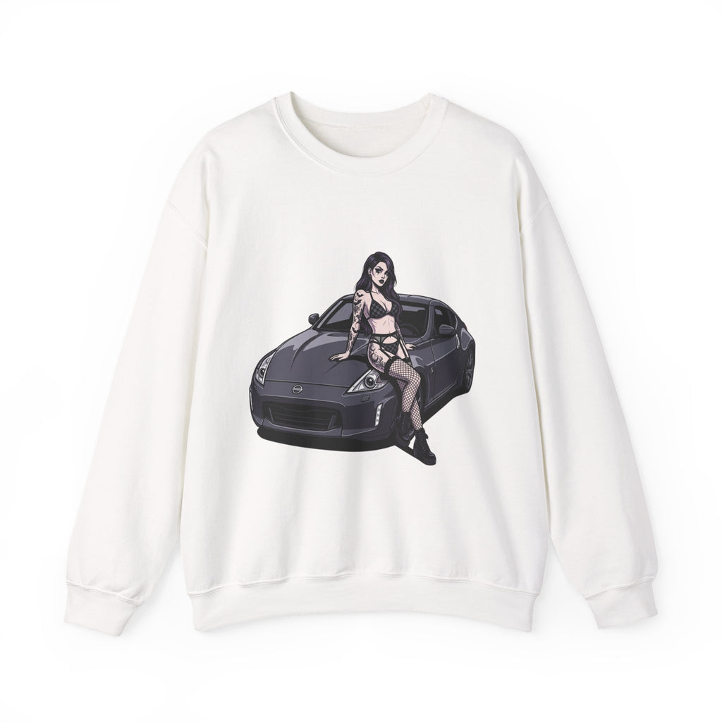 Crewneck Sweatshirt - Anime Pinup Girl Sitting on Sports Car Graphic