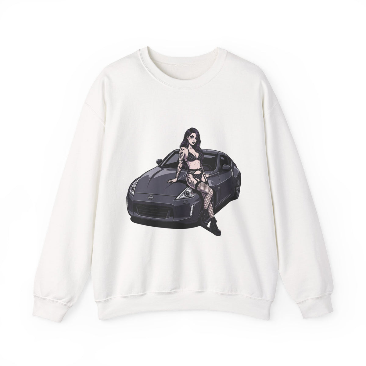 Crewneck Sweatshirt - Anime Pinup Girl Sitting on Sports Car Graphic