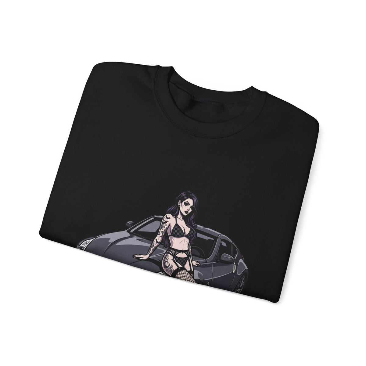 Crewneck Sweatshirt — Pinup Girl on Sports Car Graphic
