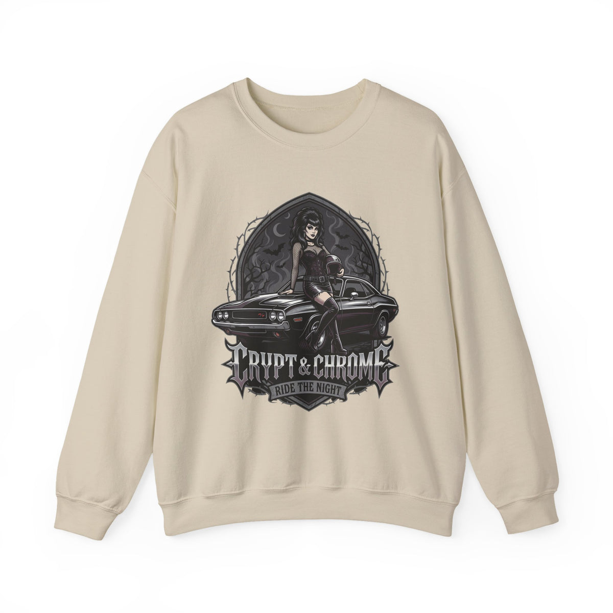 Crewneck Sweatshirt — 'Rupt & Chrome: Ride the Night' Gothic Pinup Car Design