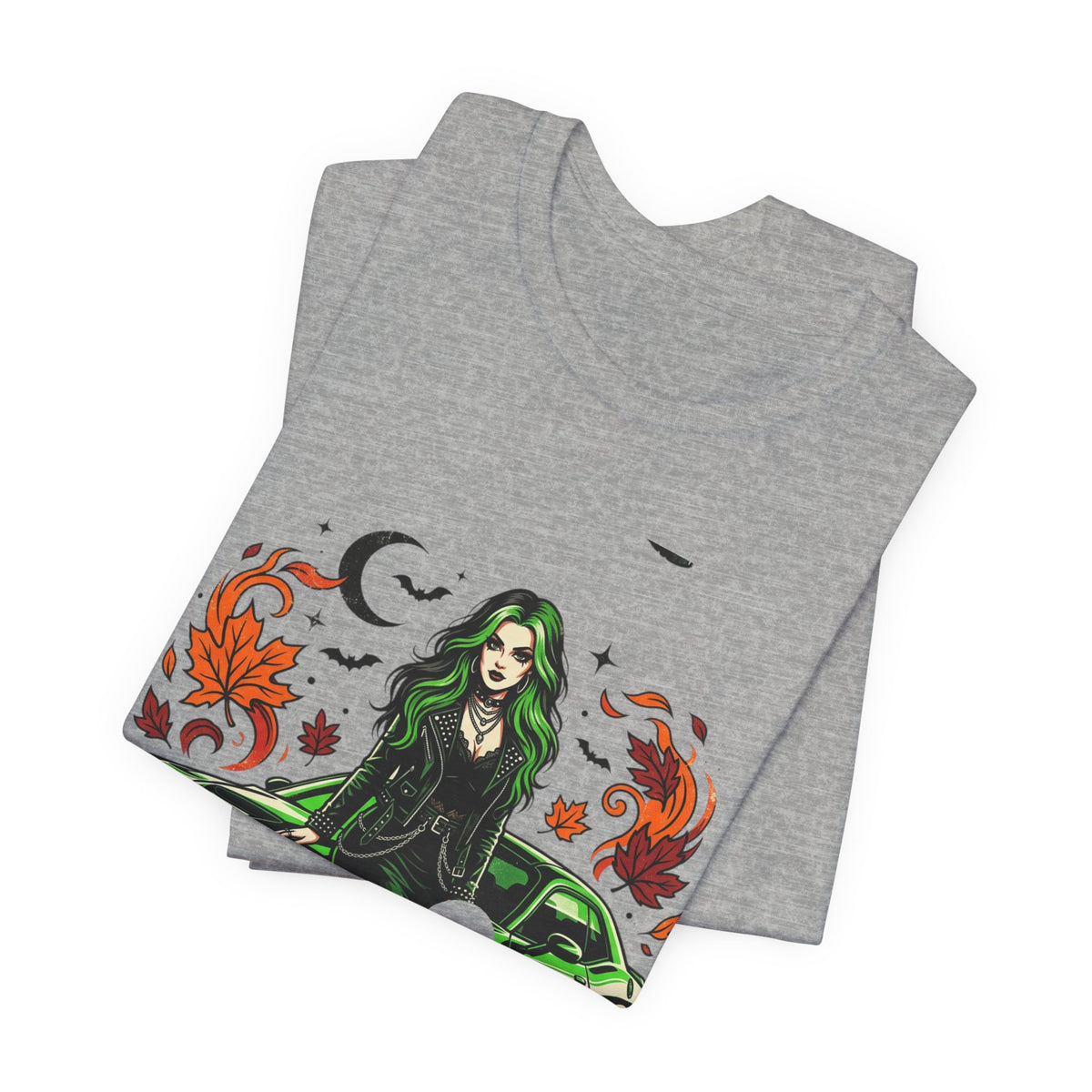 Witchy Green Muscle Car Tee — Gothic Witch Graphic T-Shirt