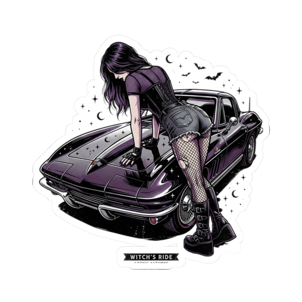 Witch's Ride Kiss-Cut Sticker — Gothic Girl on Vintage Muscle Car