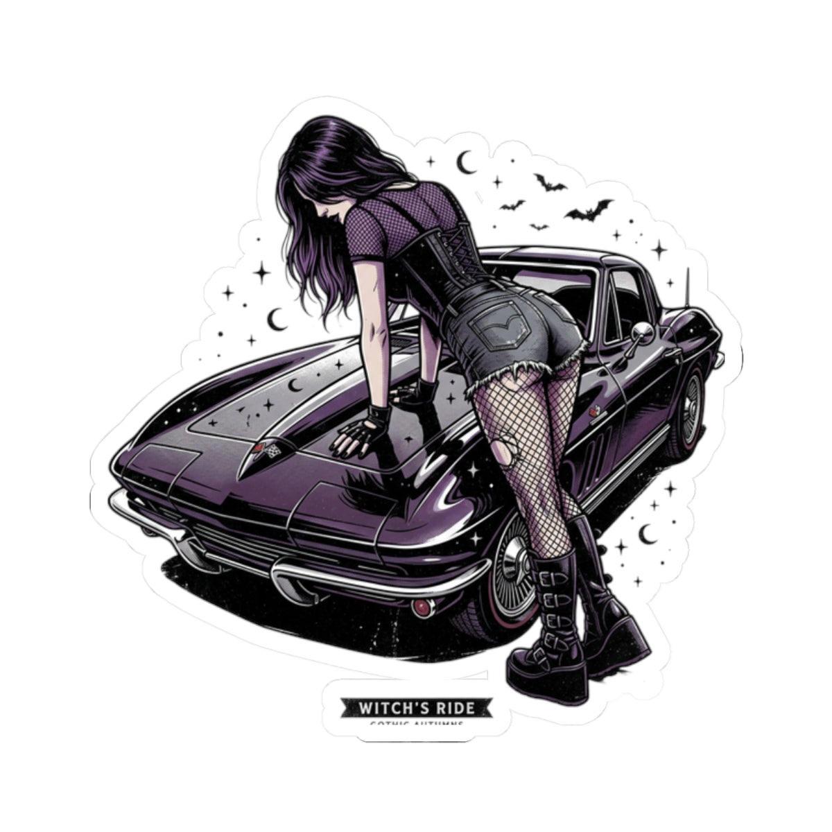Witch's Ride Kiss-Cut Sticker — Gothic Girl on Vintage Muscle Car