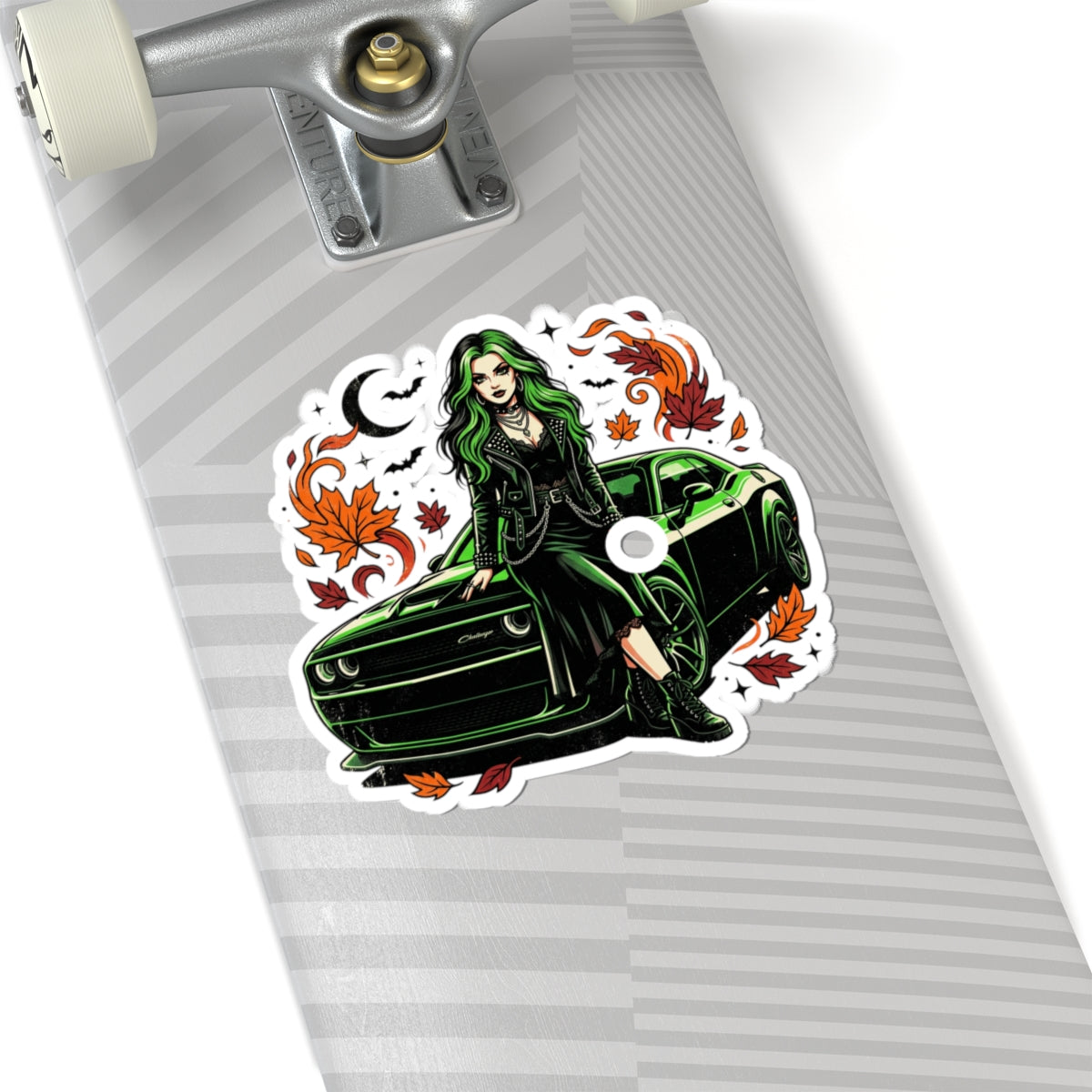Green-Haired Goth Girl with Muscle Car Sticker — Fall Leaves Kiss-Cut Sticker