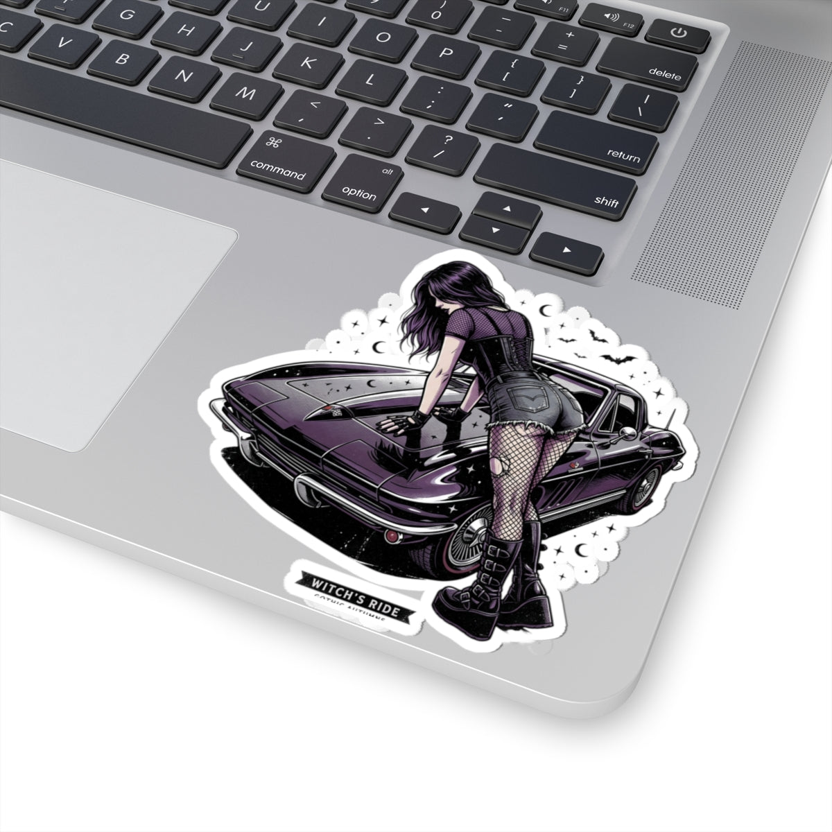 Witch's Ride Kiss-Cut Sticker — Gothic Girl on Vintage Muscle Car