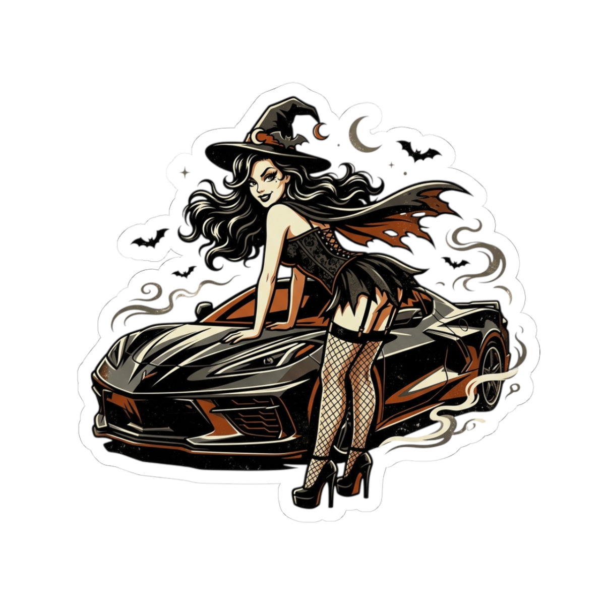 Witch Pin-Up Car Sticker — Halloween Kiss-Cut Vinyl Decal