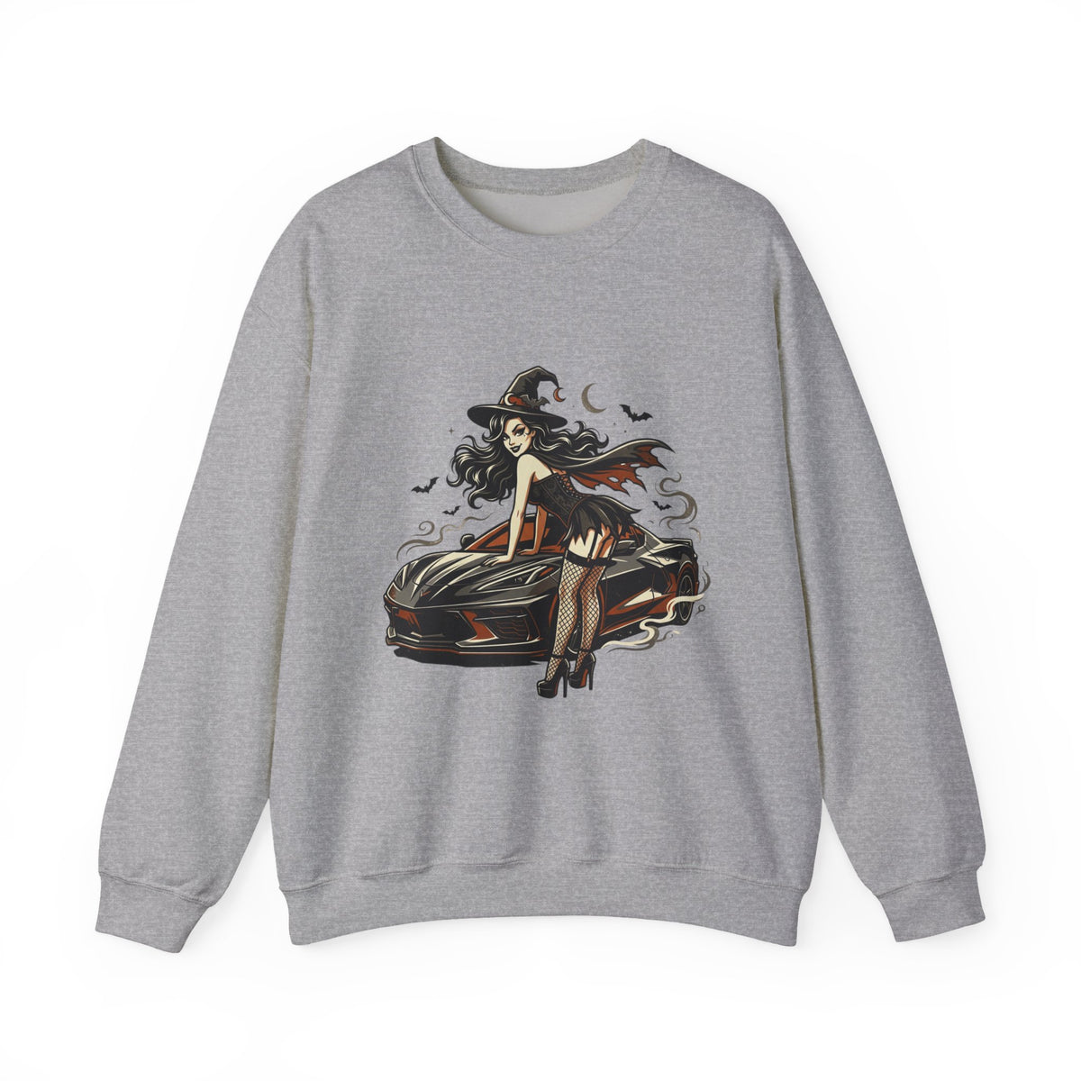 Witch Girl on Car Sweatshirt — Gothic Halloween Crewneck