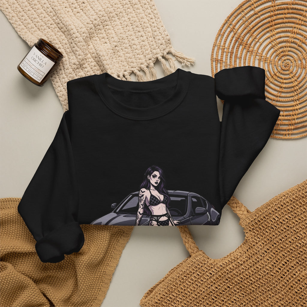 Crewneck Sweatshirt — Pinup Girl on Sports Car Graphic