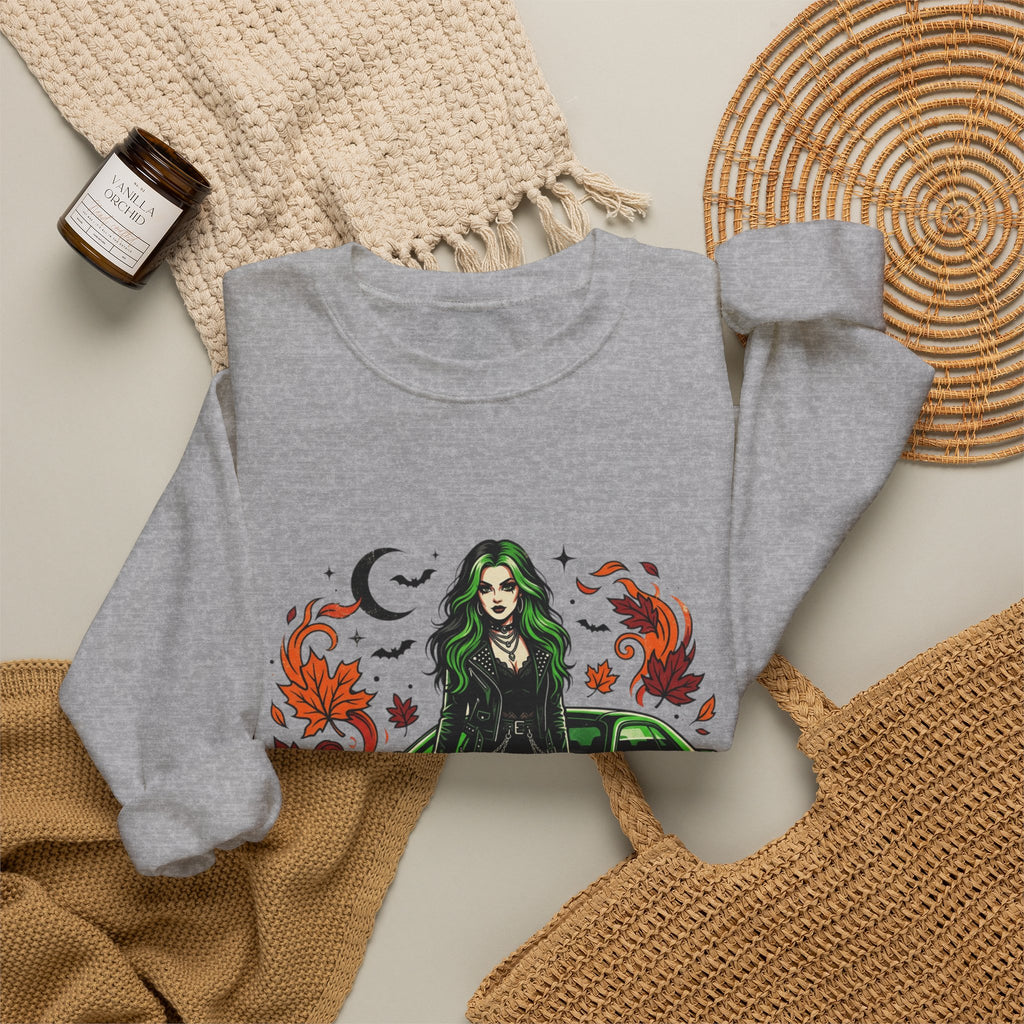 Witch Girl & Muscle Car Sweatshirt – Halloween Goth Crewneck