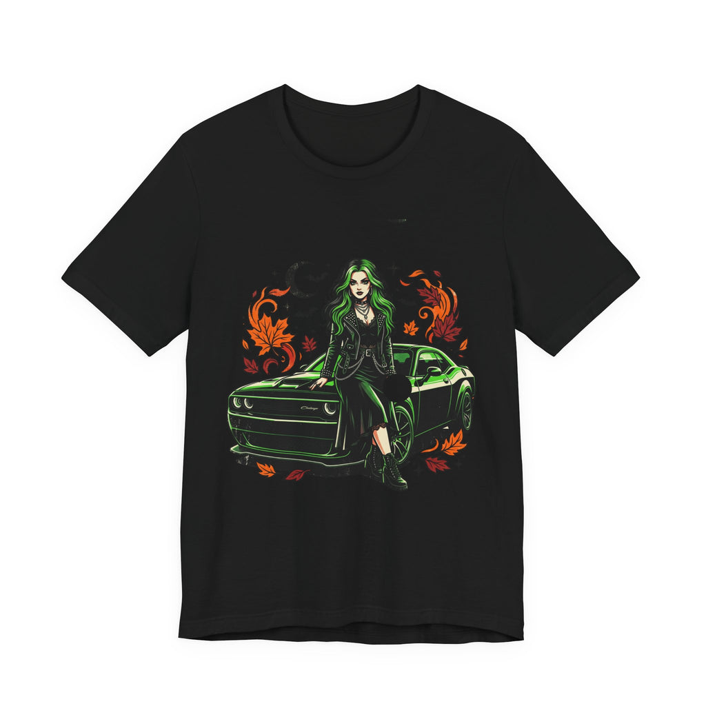 Witchy Green Muscle Car Tee — Gothic Witch Graphic T-Shirt