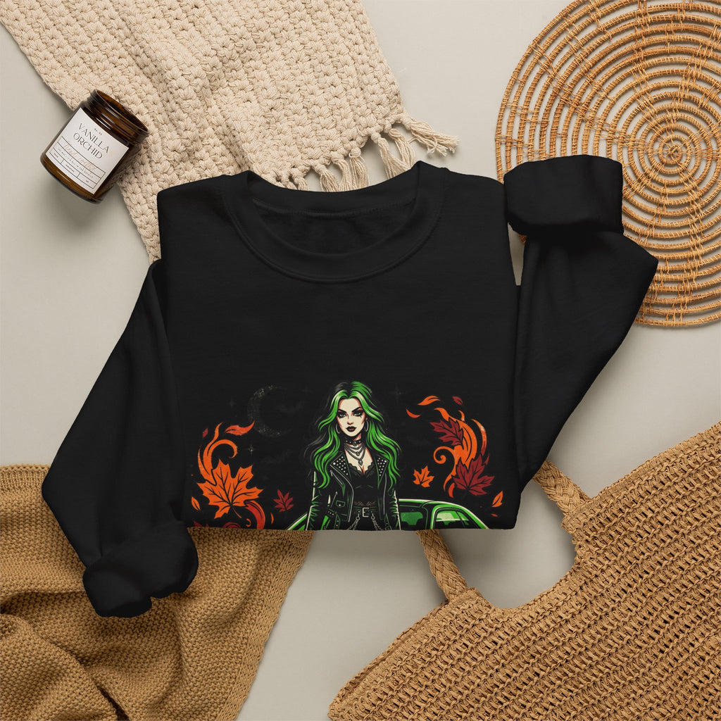Witch Girl & Muscle Car Sweatshirt – Halloween Goth Crewneck