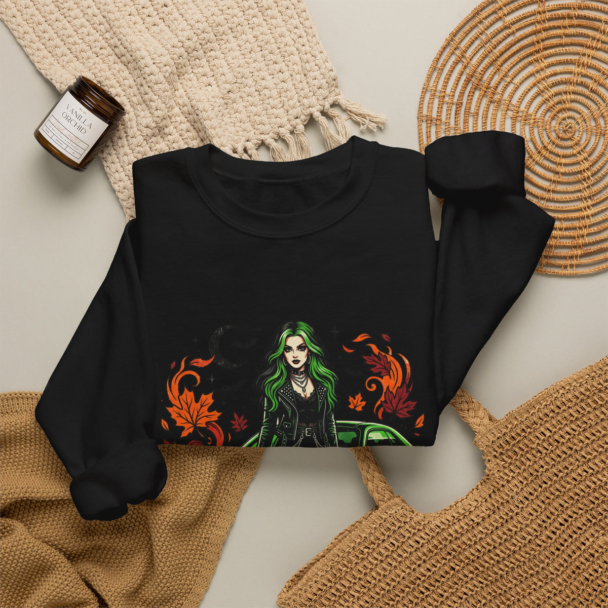 Witch Girl & Muscle Car Sweatshirt – Halloween Goth Crewneck