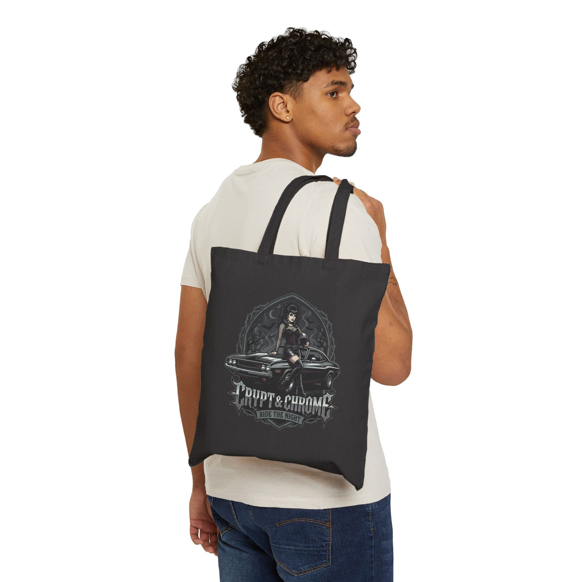 Crypt & Chrome — 'Ride the Night' Goth Pin-Up Canvas Shopper