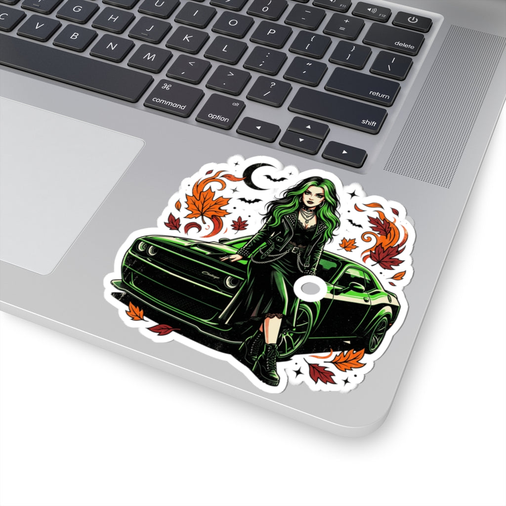 Green-Haired Goth Girl with Muscle Car Sticker — Fall Leaves Kiss-Cut Sticker