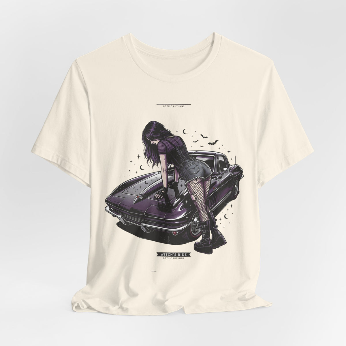 Retro Muscle Car Tee — Gothic Girl Leaning on Purple Classic Car Graphic T-Shirt