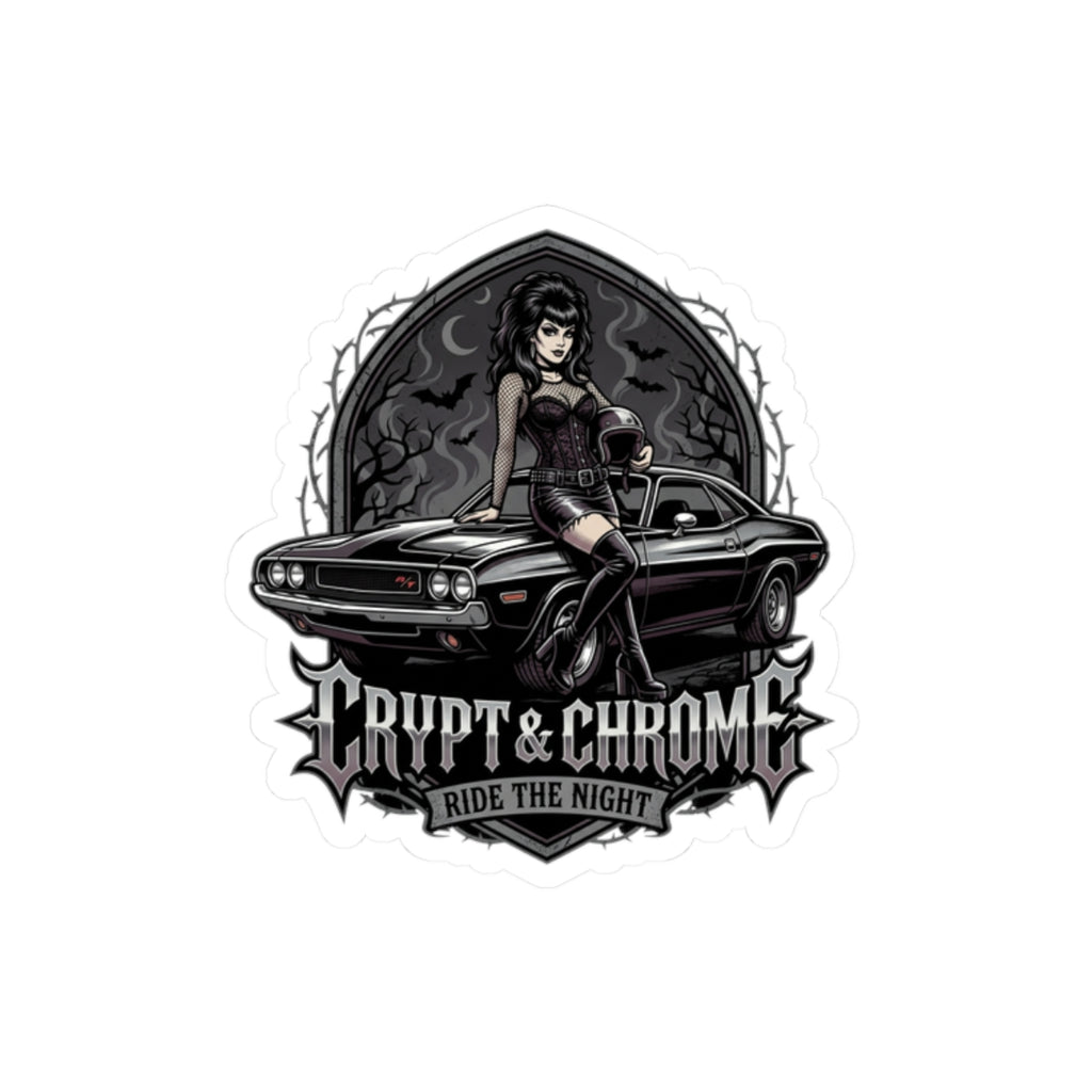 Crypt & Chrome 'Ride the Night' Kiss-Cut Sticker — Gothic Pinup Muscle Car Decal