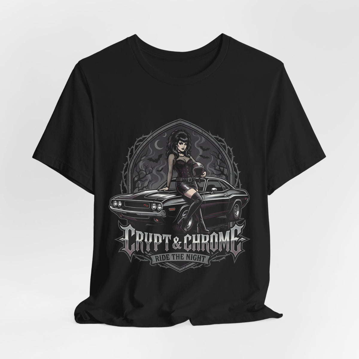Crypt & Chrome — 'Ride the Night' Goth Pin-Up Muscle Car Graphic Tee