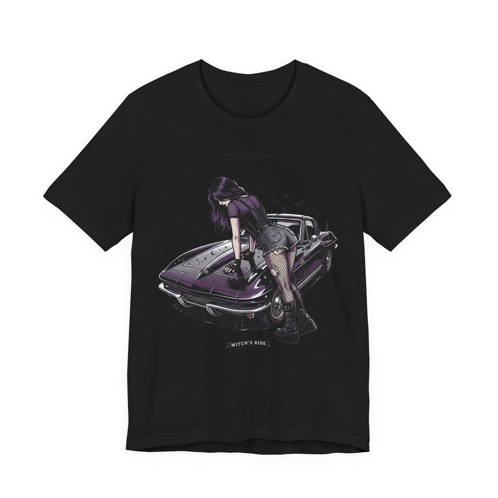 Retro Muscle Car Tee — Gothic Girl Leaning on Purple Classic Car Graphic T-Shirt