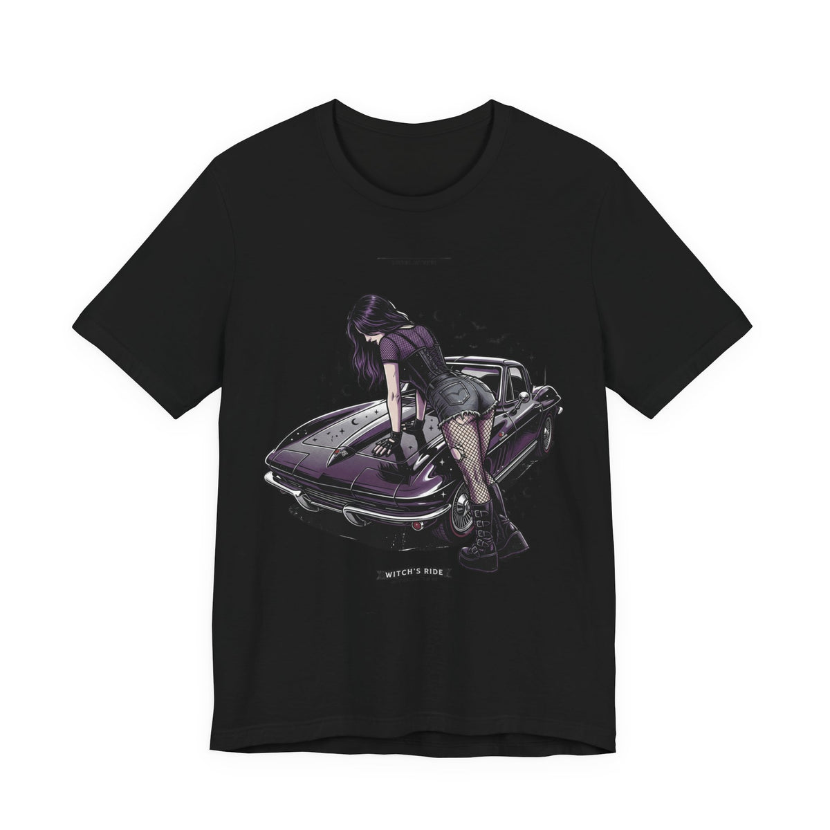 Retro Muscle Car Tee — Gothic Girl Leaning on Purple Classic Car Graphic T-Shirt