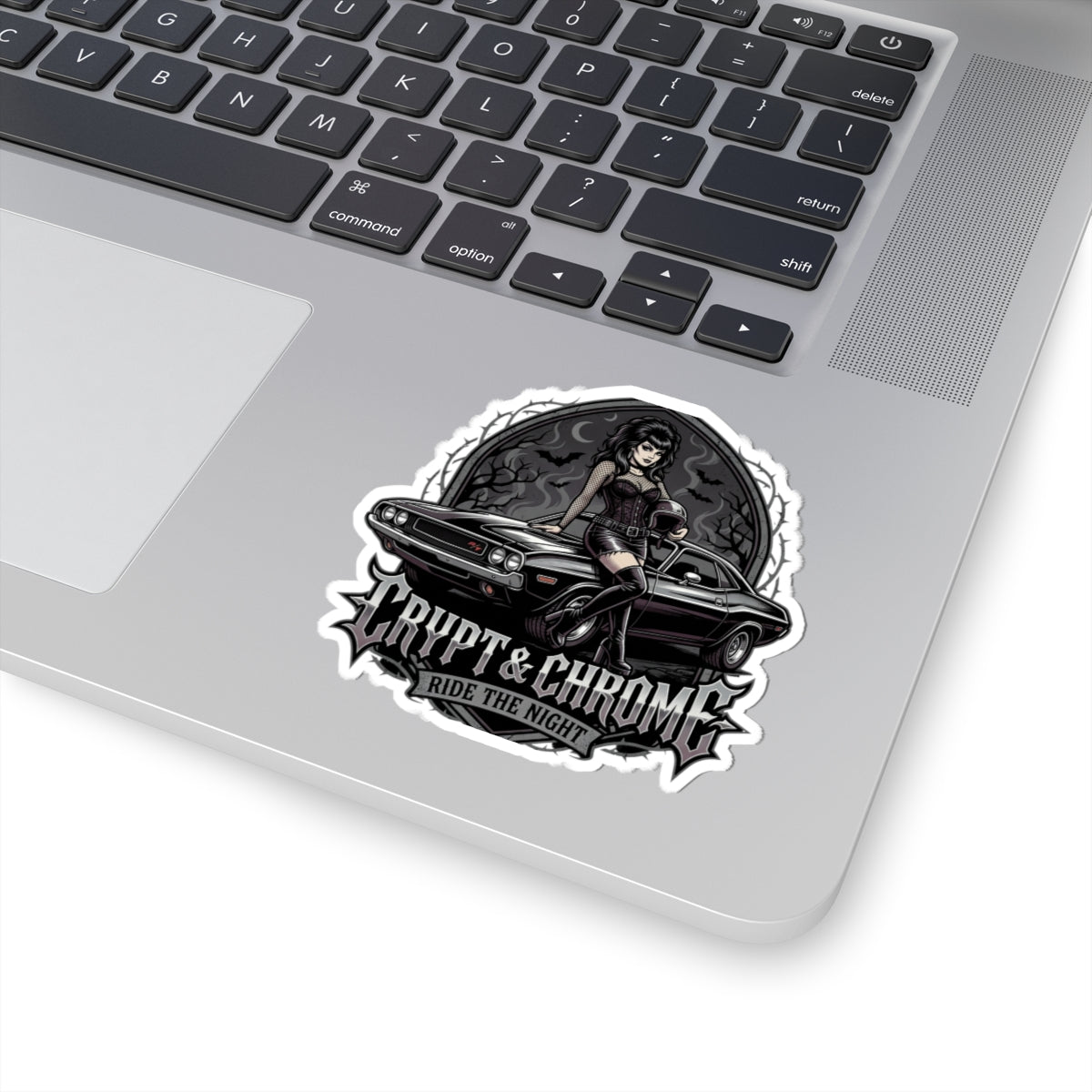 Crypt & Chrome Kiss-Cut Sticker — 'Ride the Night' Goth Pin-Up Muscle Car Decal