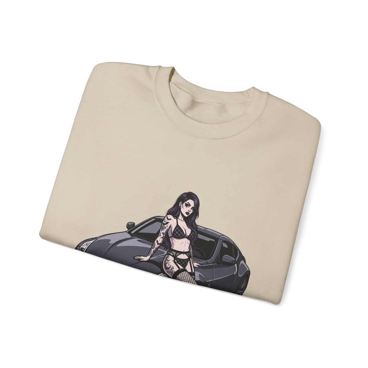 Crewneck Sweatshirt — Pinup Girl on Sports Car Graphic