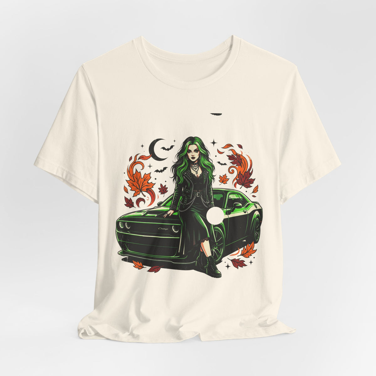 Witchy Green Muscle Car Tee — Gothic Witch Graphic T-Shirt