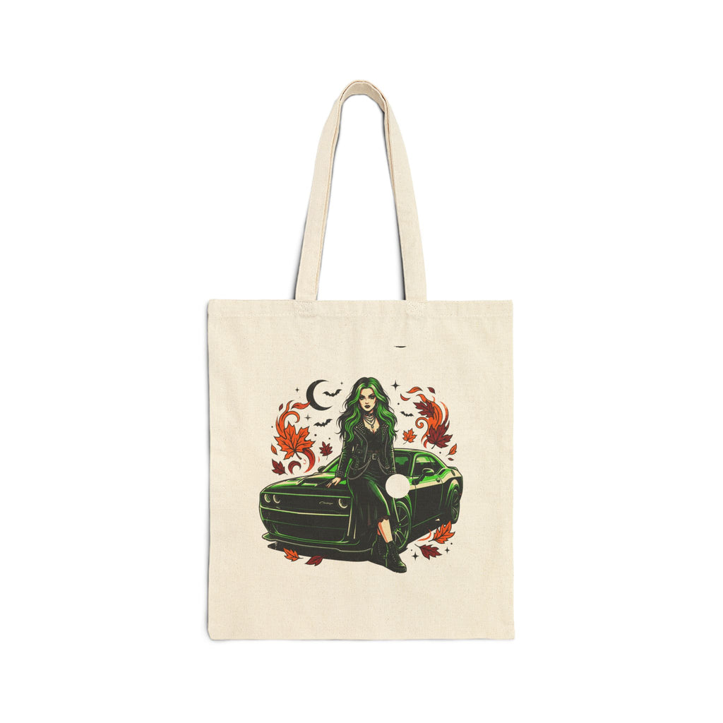 Witchy Green-Haired Girl & Muscle Car Cotton Tote Bag