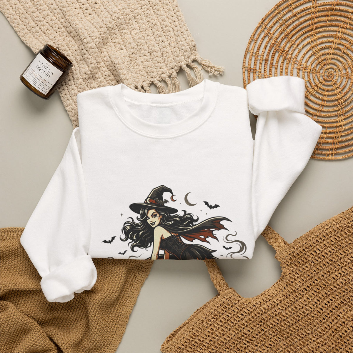 Witch Girl on Car Sweatshirt — Gothic Halloween Crewneck