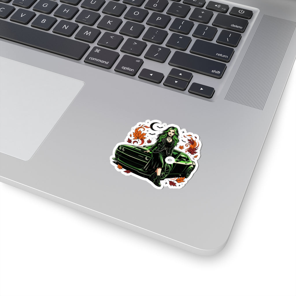 Green-Haired Goth Girl with Muscle Car Sticker — Fall Leaves Kiss-Cut Sticker
