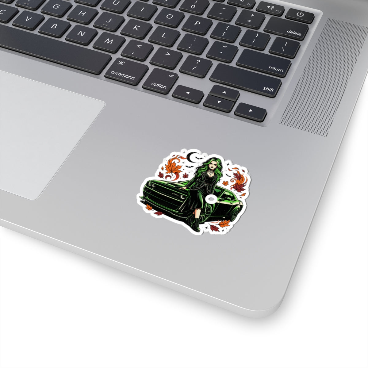 Green-Haired Goth Girl with Muscle Car Sticker — Fall Leaves Kiss-Cut Sticker