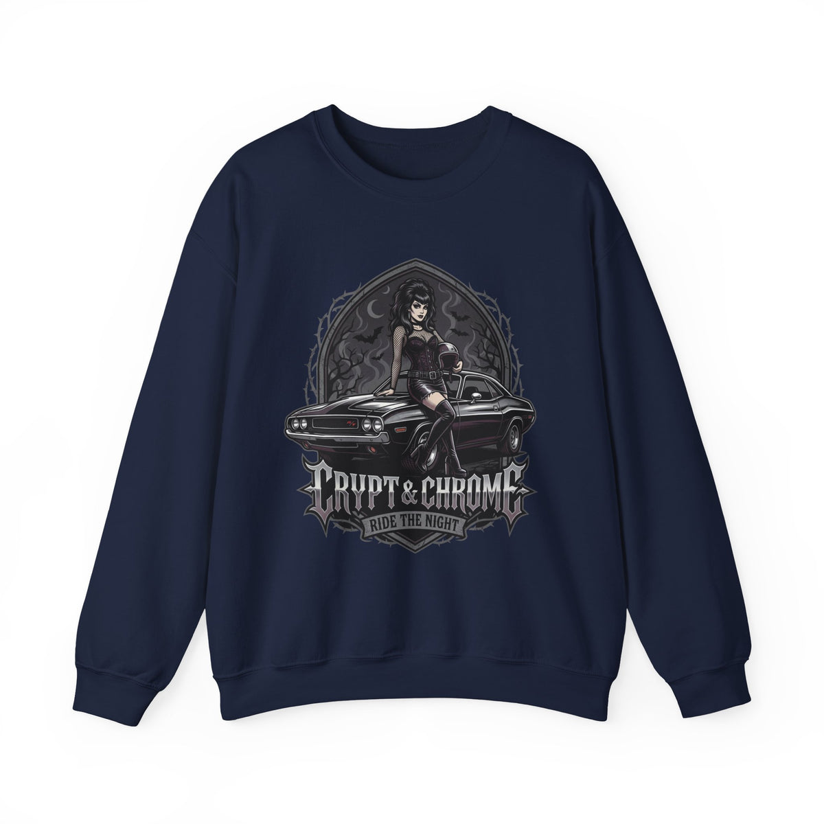 Crewneck Sweatshirt — 'Rupt & Chrome: Ride the Night' Gothic Pinup Car Design