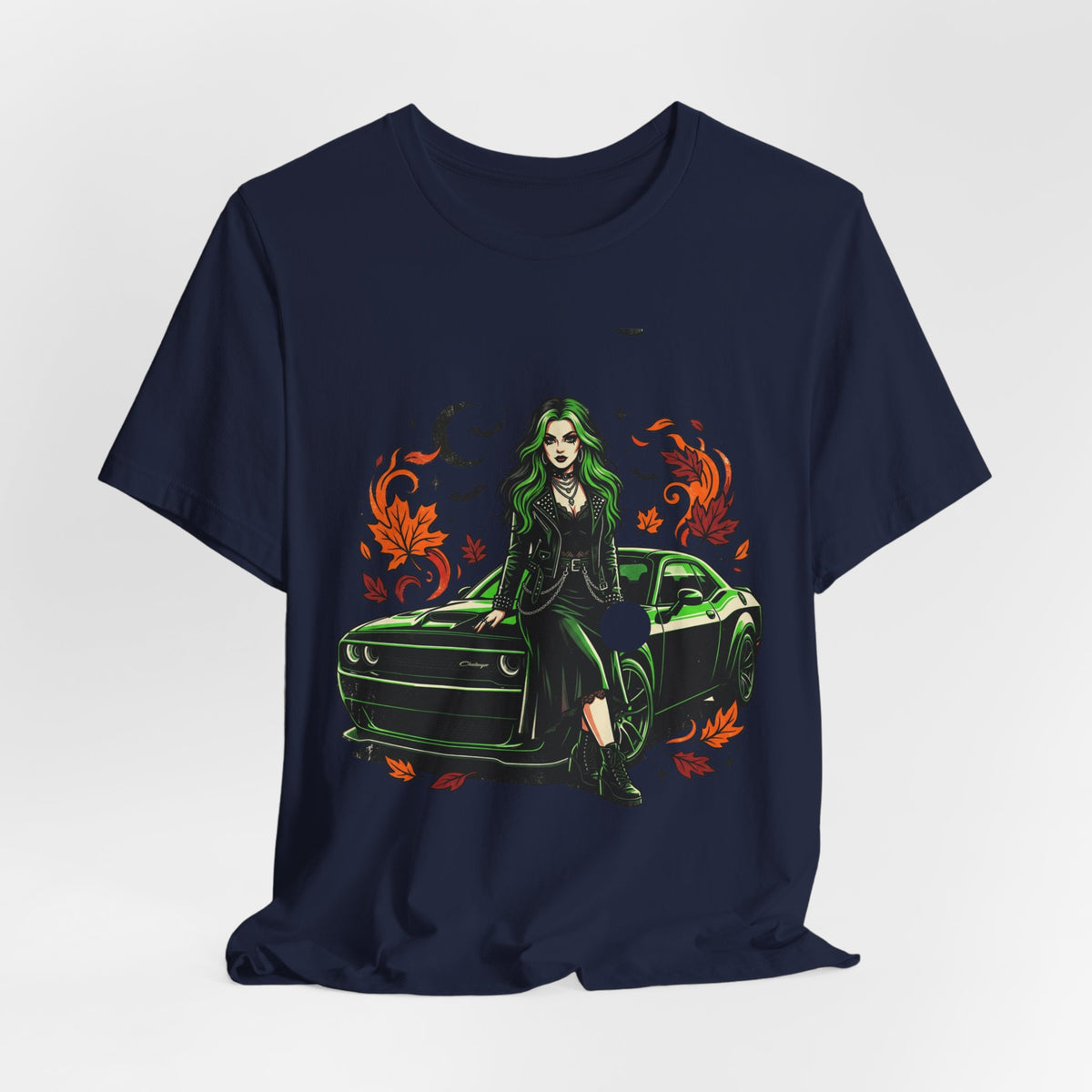 Witchy Green Muscle Car Tee — Gothic Witch Graphic T-Shirt