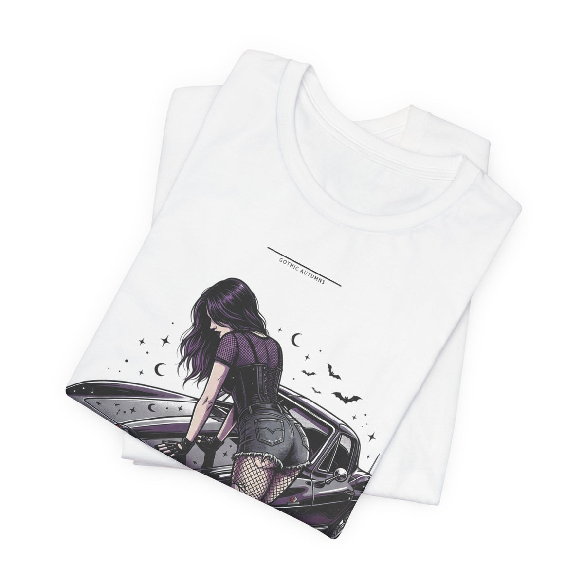 Retro Muscle Car Tee — Gothic Girl Leaning on Purple Classic Car Graphic T-Shirt