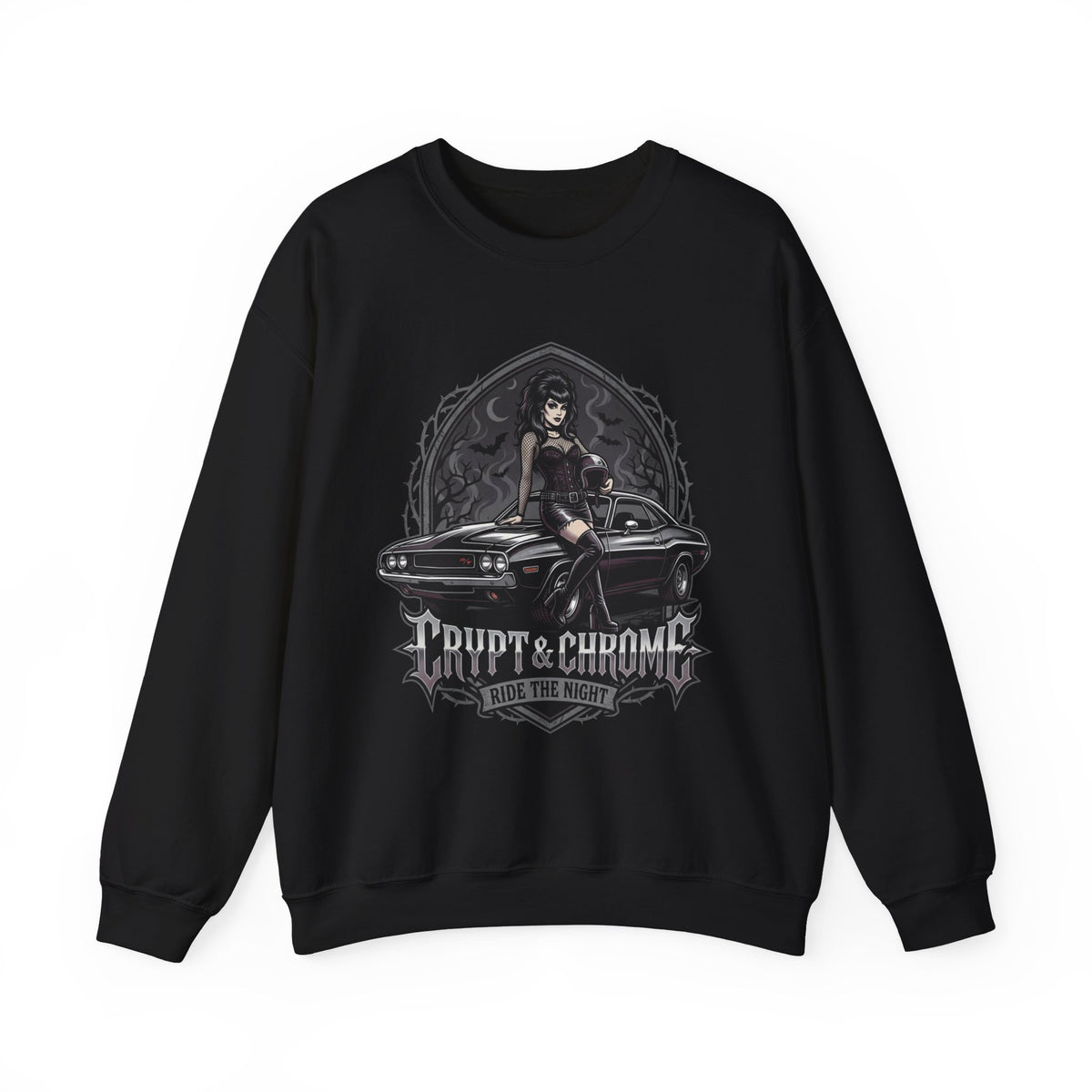Crewneck Sweatshirt — 'Rupt & Chrome: Ride the Night' Gothic Pinup Car Design