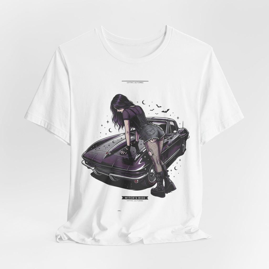 Retro Muscle Car Tee — Gothic Girl Leaning on Purple Classic Car Graphic T-Shirt