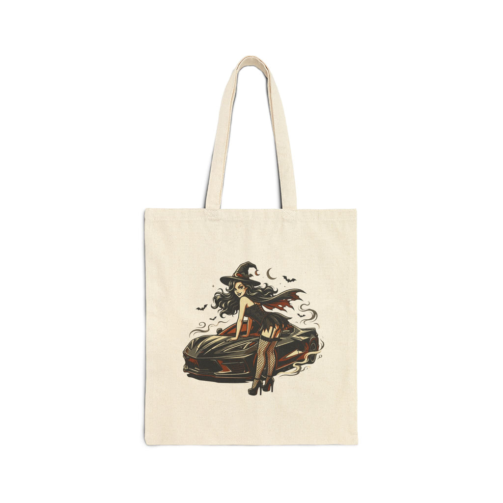 Vintage Witch Illustration Cotton Canvas Tote Bag
