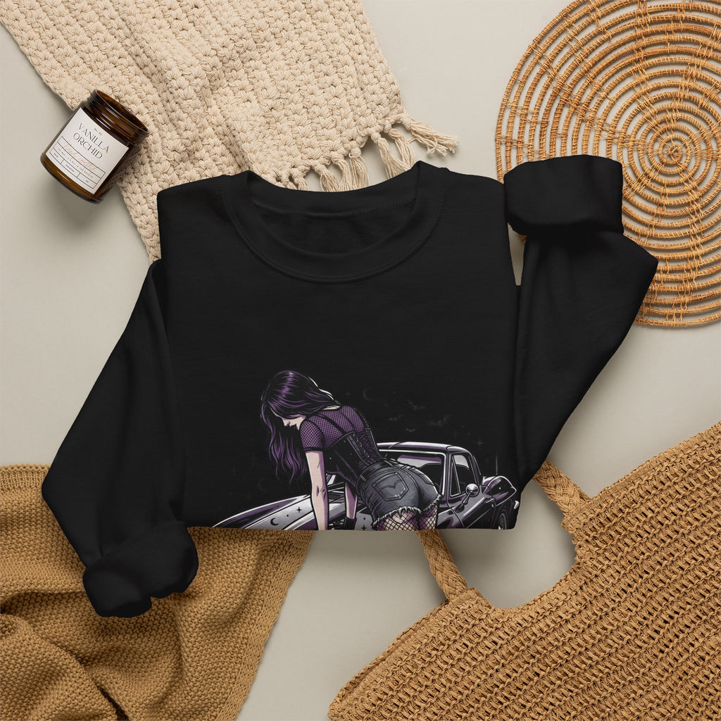 Crewneck Sweatshirt — Violet Retro Car Girl Graphic