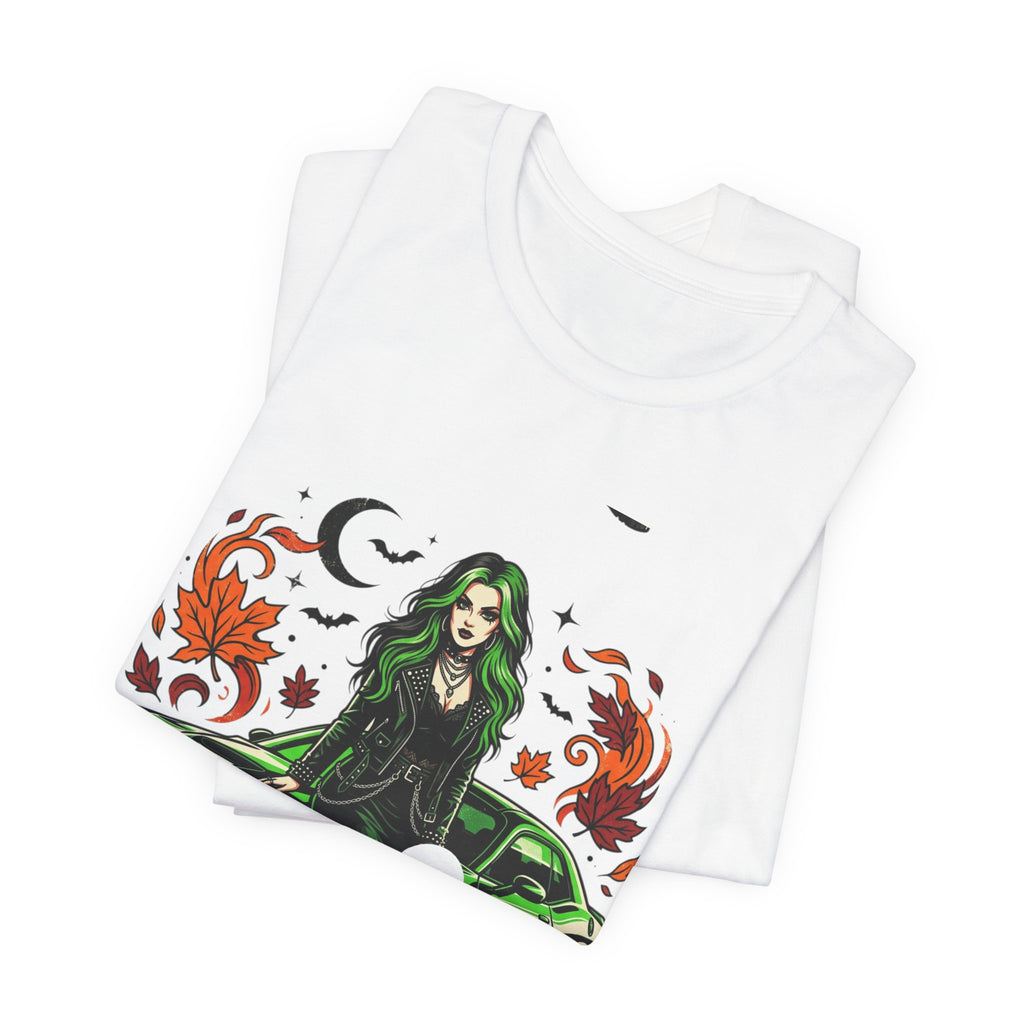 Witchy Green Muscle Car Tee — Gothic Witch Graphic T-Shirt