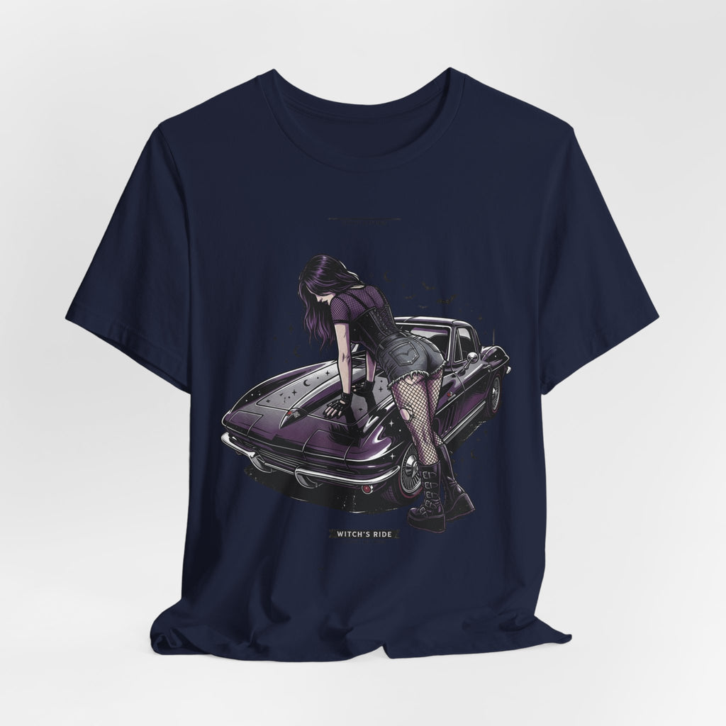Retro Muscle Car Tee — Gothic Girl Leaning on Purple Classic Car Graphic T-Shirt